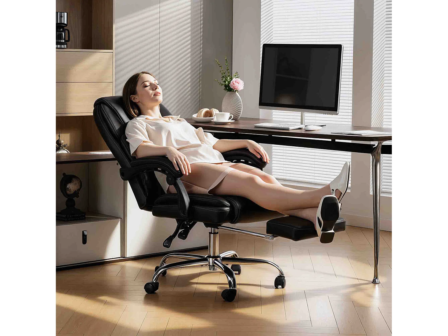 Sedia da ufficio reclinabile con poggiapiedi e imbottitura nero