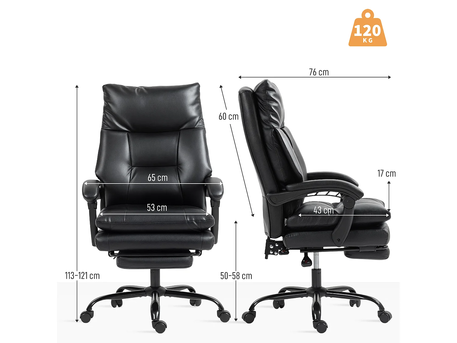 Sedia per scrivania ad altezza regolabile e reclinabile a 135° nera