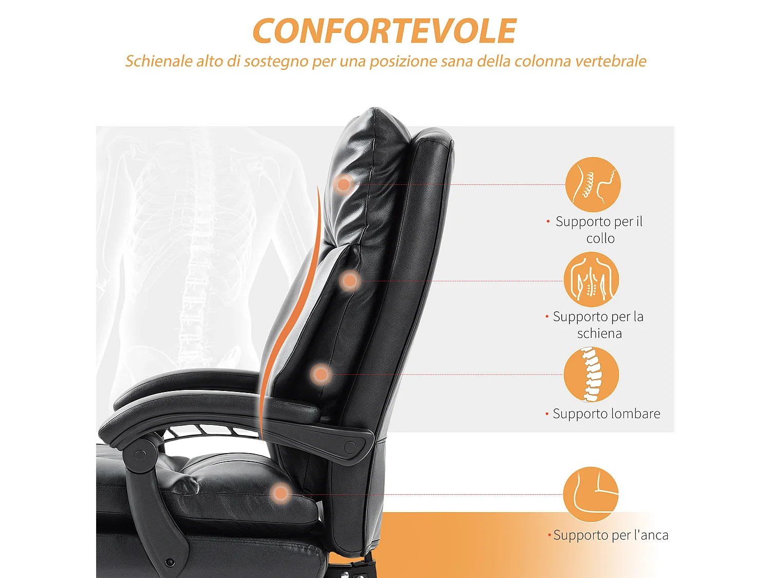 Sedia per scrivania ad altezza regolabile e reclinabile a 135° nera