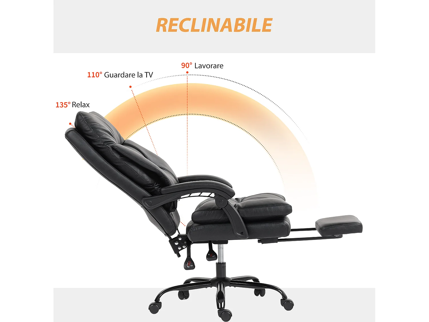 Sedia per scrivania ad altezza regolabile e reclinabile a 135° nera
