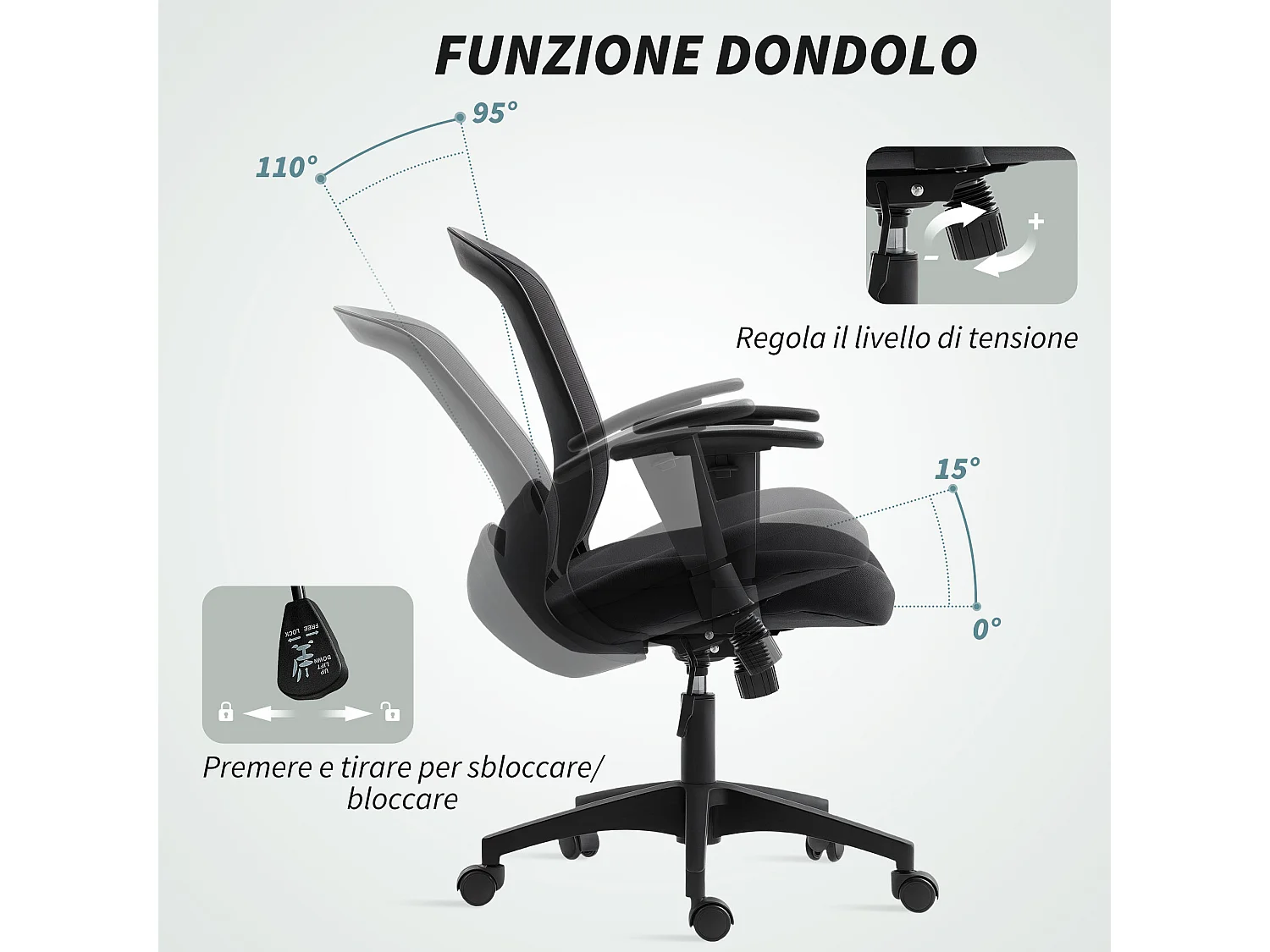 Sedia da ufficio traspirante e reclinabile ad altezza regolabile nera