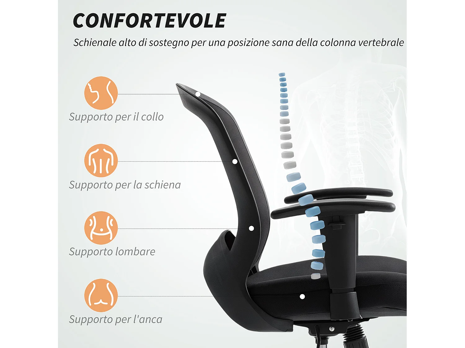 Sedia da ufficio traspirante e reclinabile ad altezza regolabile nera