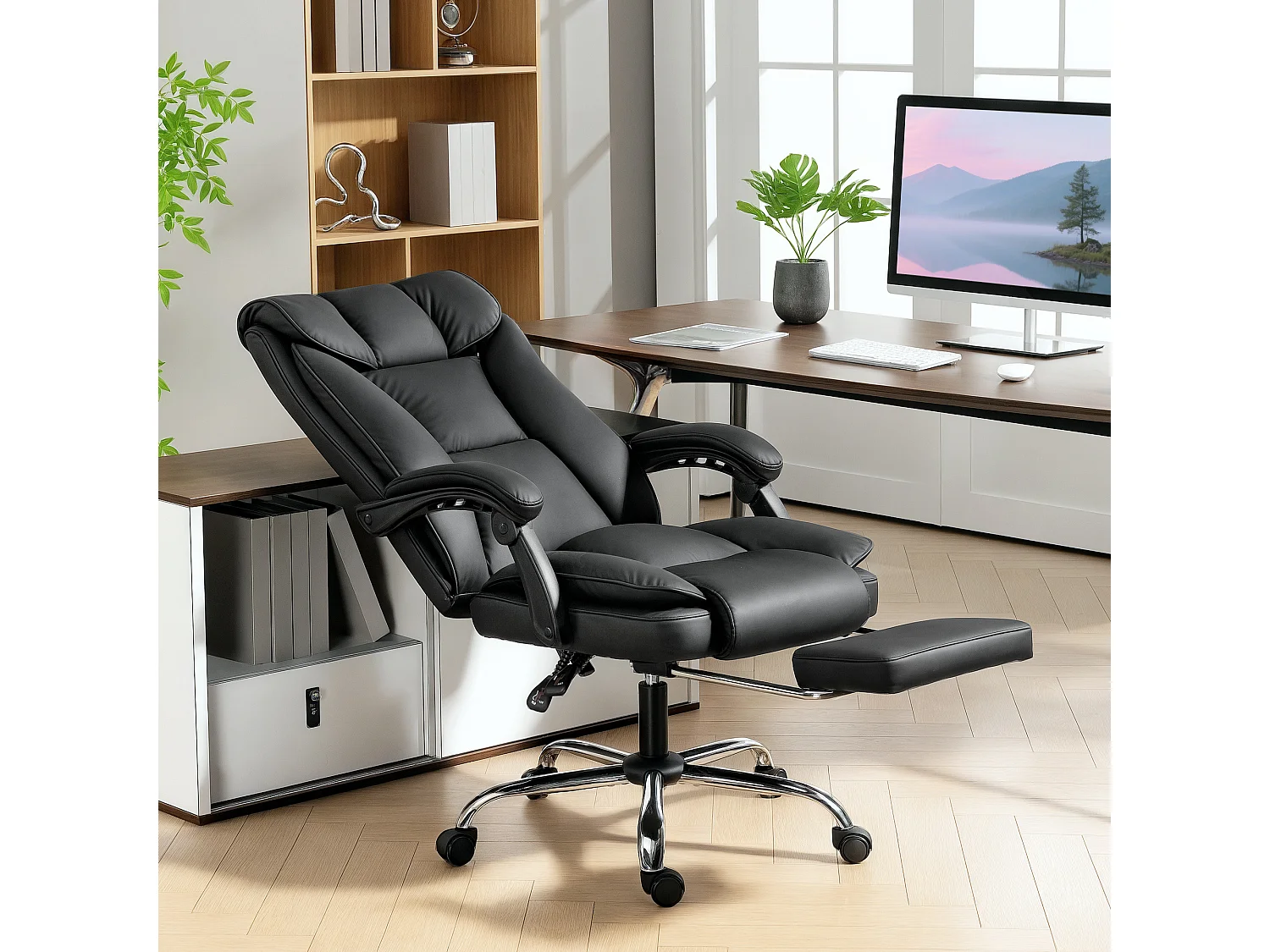 Sedia da ufficio reclinabile con poggiapiedi in finta pelle nero