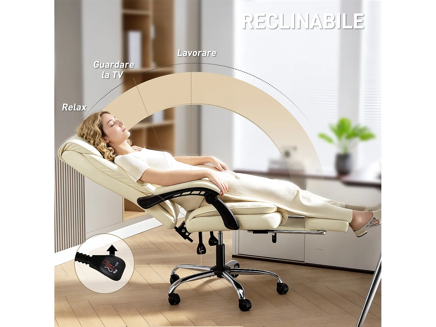 Sedia da ufficio reclinabile con poggiapiedi in finta pelle beige