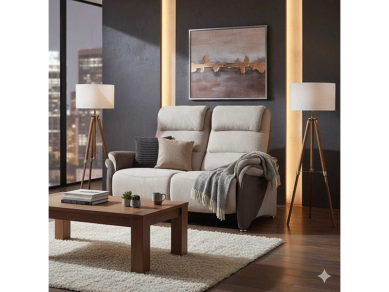 Canapé 2 places fixe tissu micro peau brun et mastic - NADIR