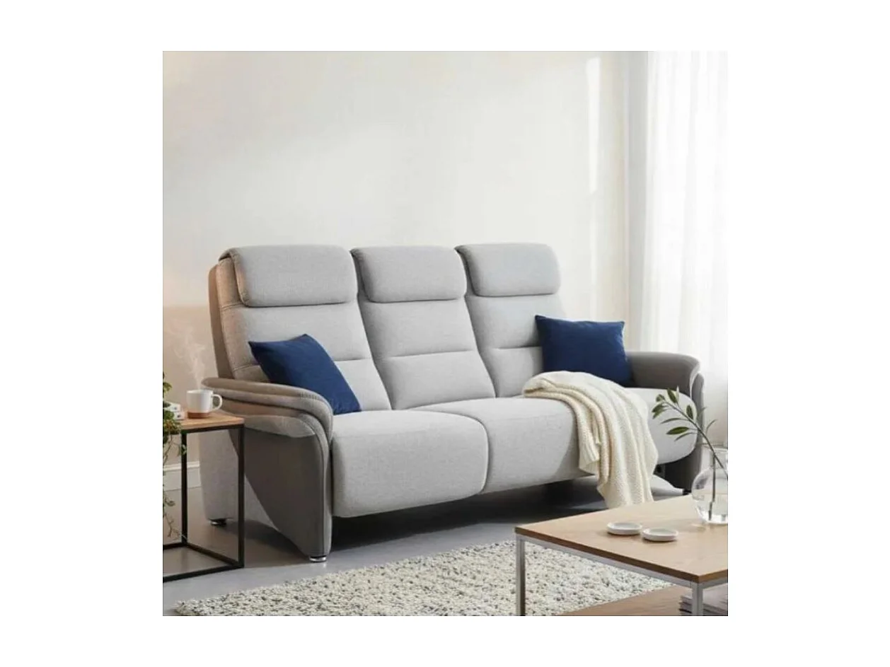 Canapé 3 places fixe tissu polyester gris clair et gris foncé avec tablette centrale imitation noyer - NADIR