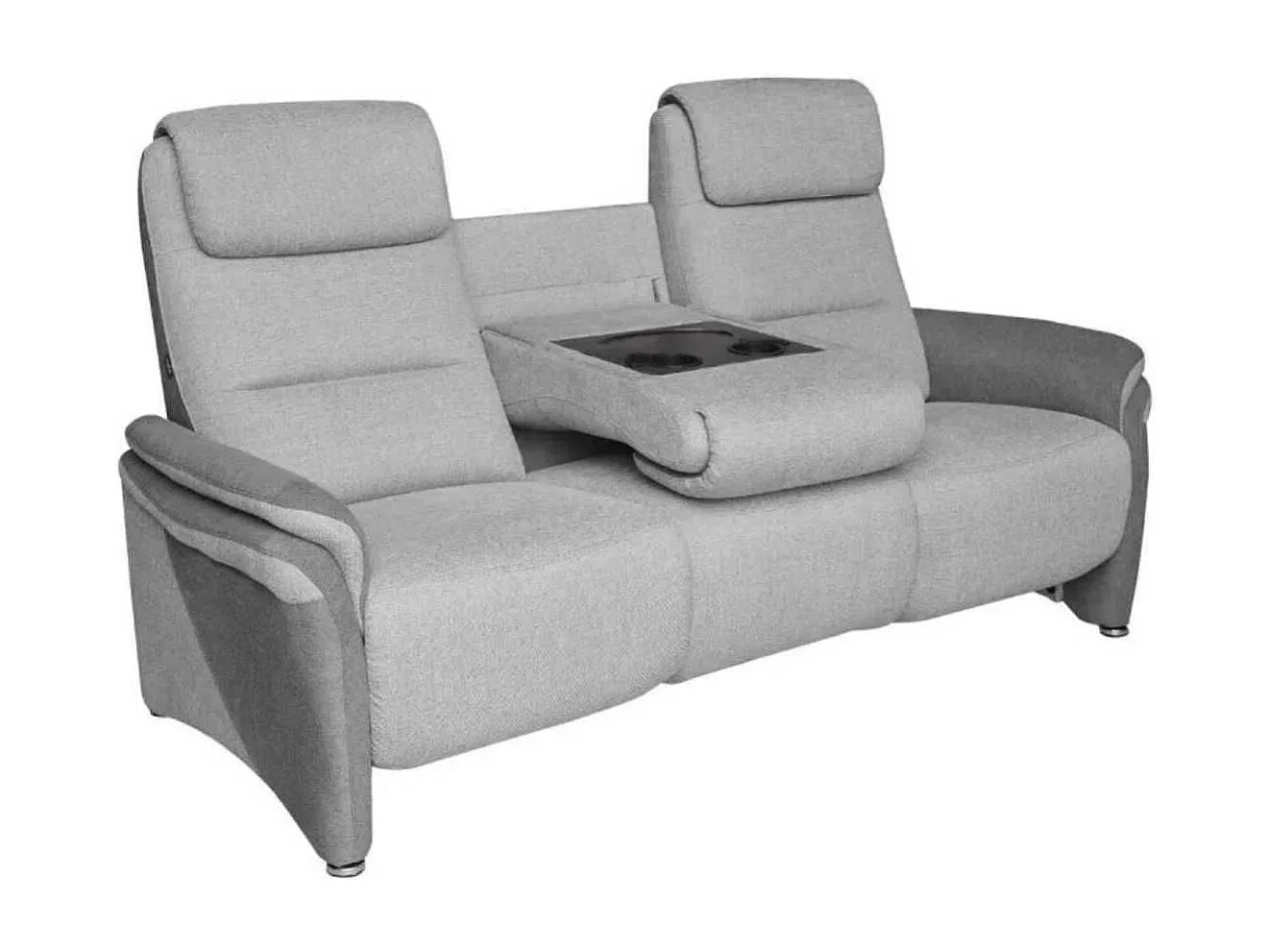 Canapé 3 places fixe tissu polyester gris clair et gris foncé avec tablette centrale imitation noyer - NADIR