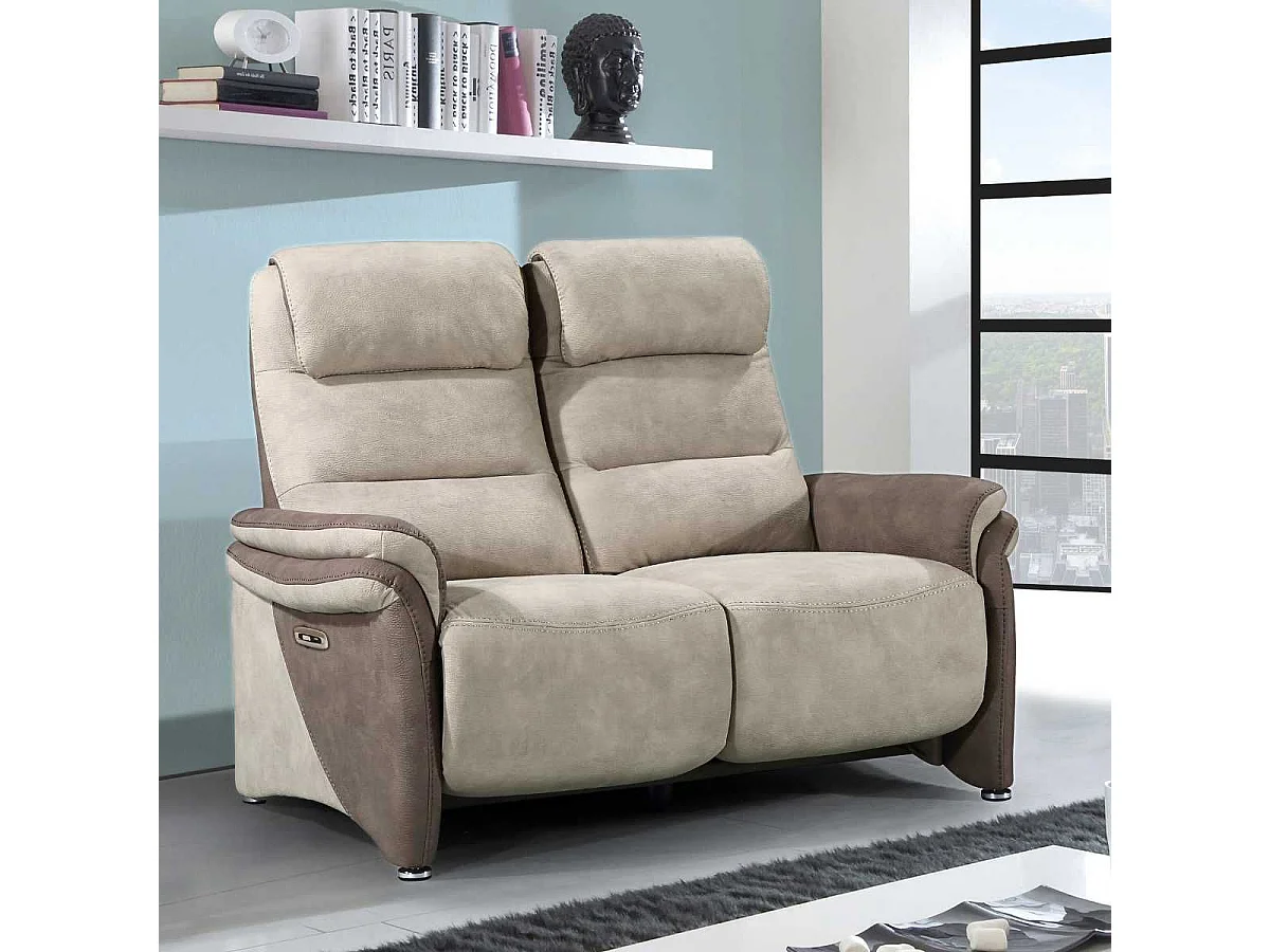 Canapé 2 places relax électrique tissu micro peau brun et mastic - NADIR