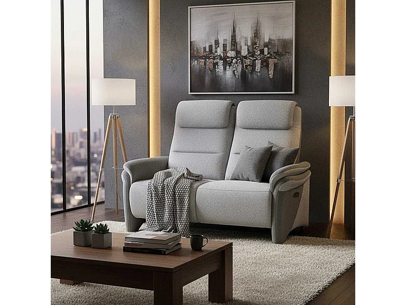 Canapé 2 places relax électrique tissu polyester gris clair et gris foncé - NADIR