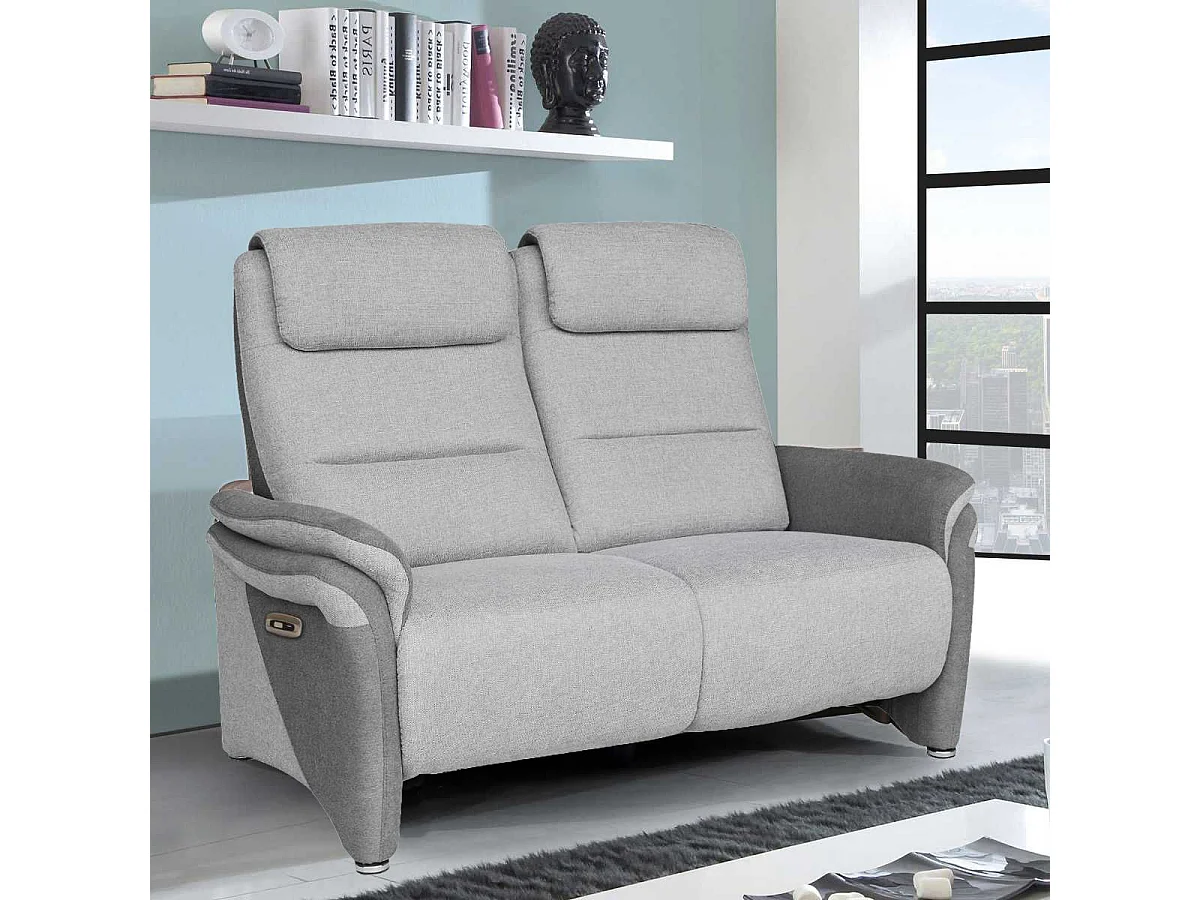 Canapé 2 places relax électrique tissu polyester gris clair et gris foncé - NADIR