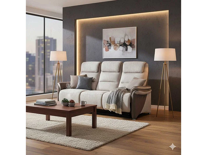 Canapé 3 places relax électrique tissu micro peau brun et mastic avec tablette centrale imitation noyer - NADIR