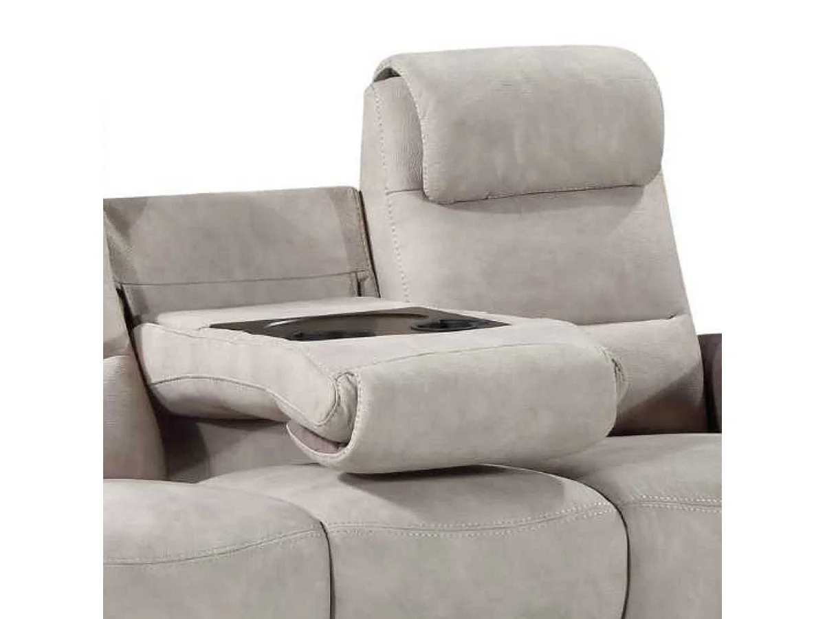 Canapé 3 places relax électrique tissu micro peau brun et mastic avec tablette centrale imitation noyer - NADIR