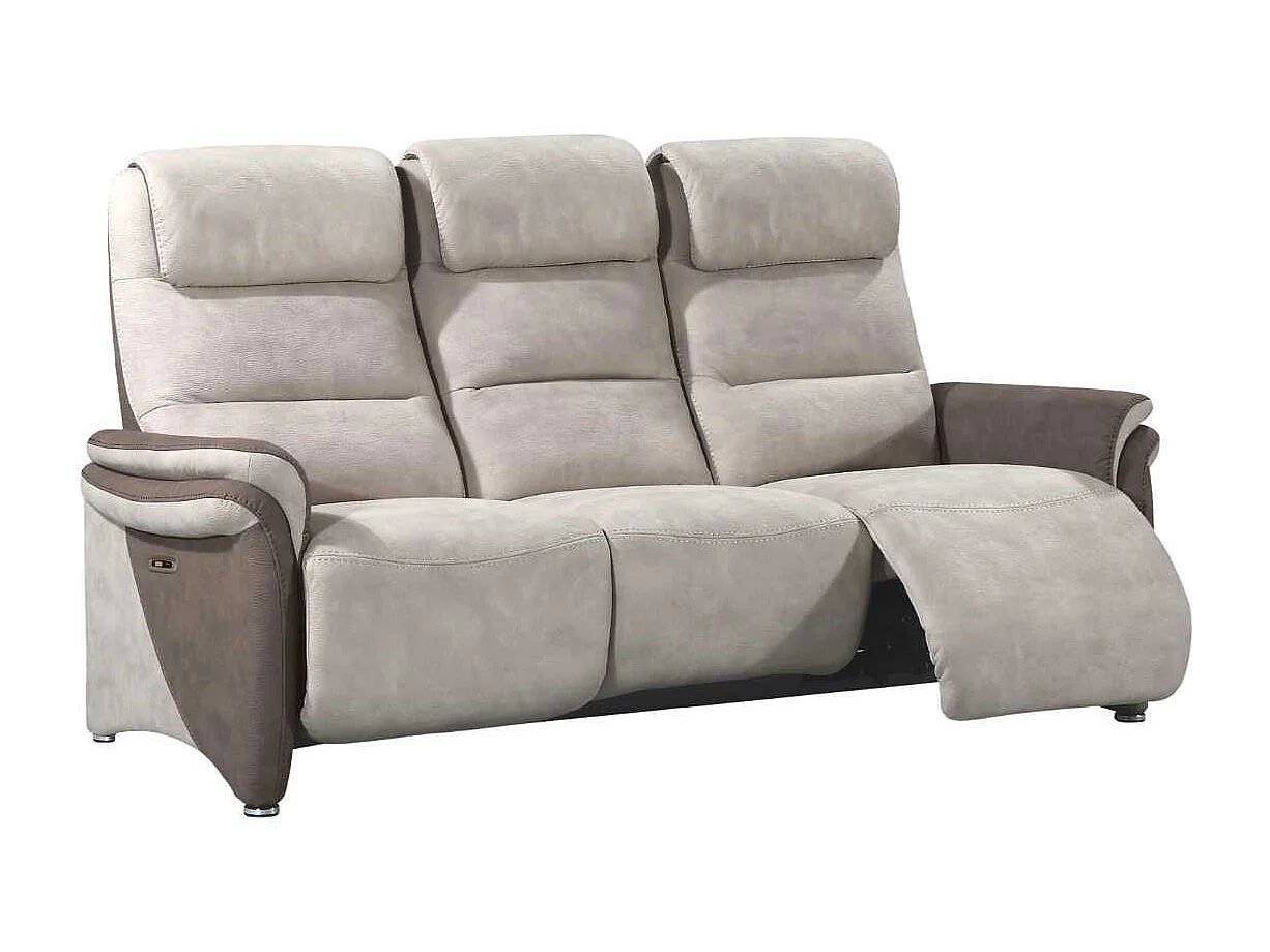 Canapé 3 places relax électrique tissu micro peau brun et mastic avec tablette centrale imitation noyer - NADIR