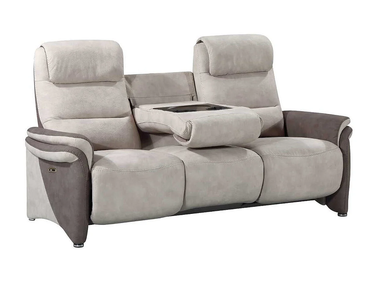 Canapé 3 places relax électrique tissu micro peau brun et mastic avec tablette centrale imitation noyer - NADIR