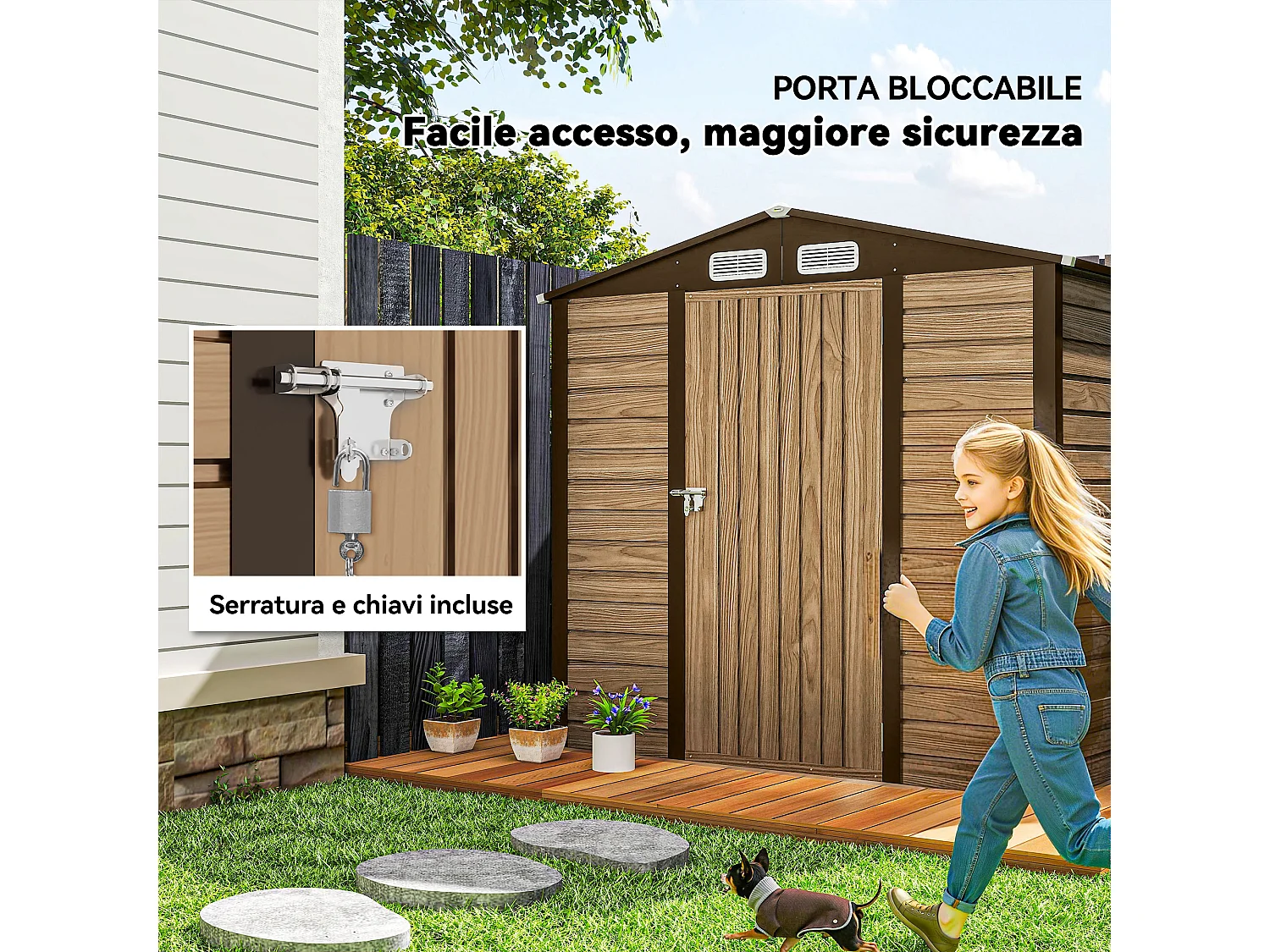 Casetta da giardino con prese d'aria in acciaio colore quercia