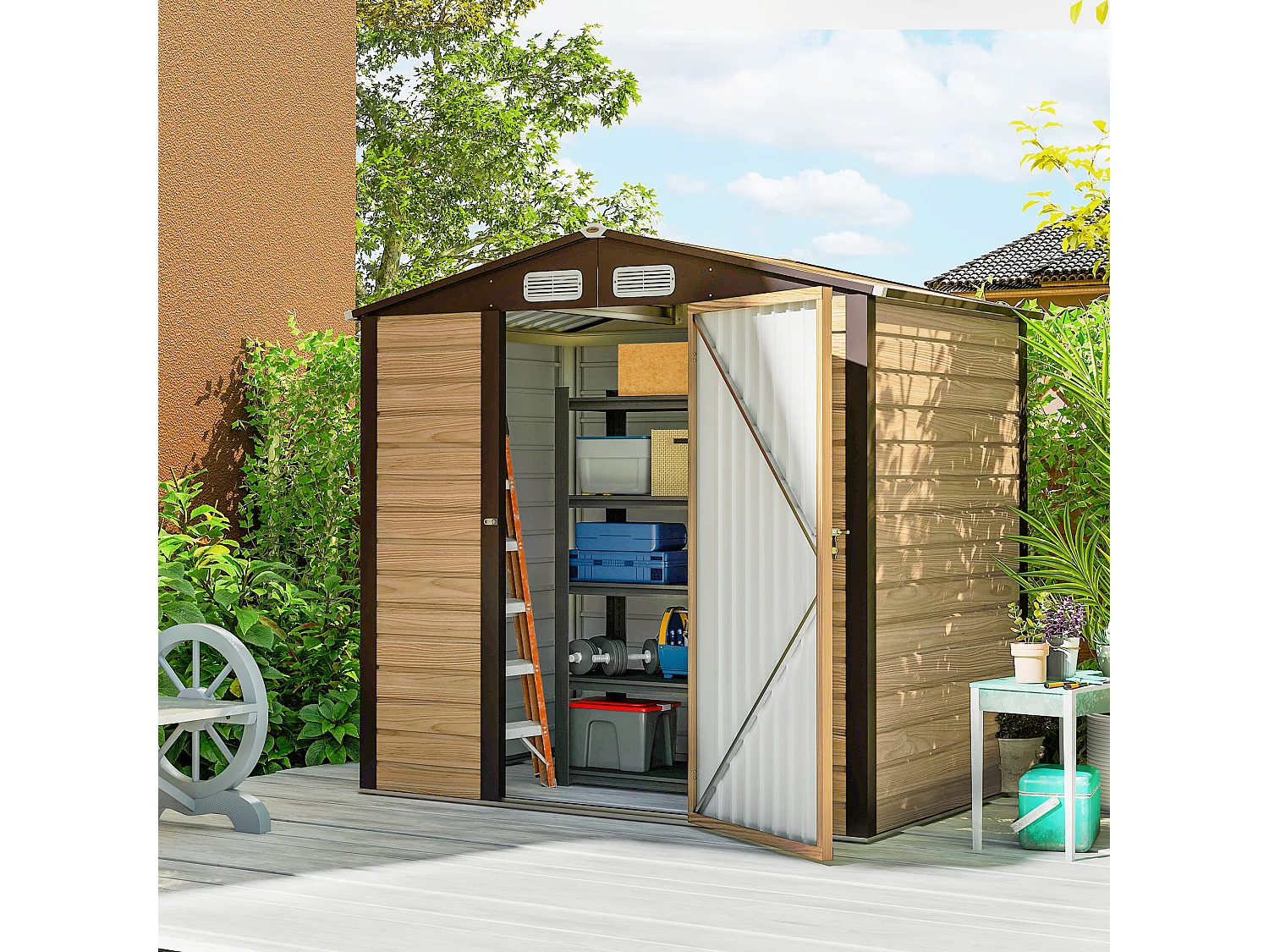 Casetta da giardino con prese d'aria in acciaio colore quercia