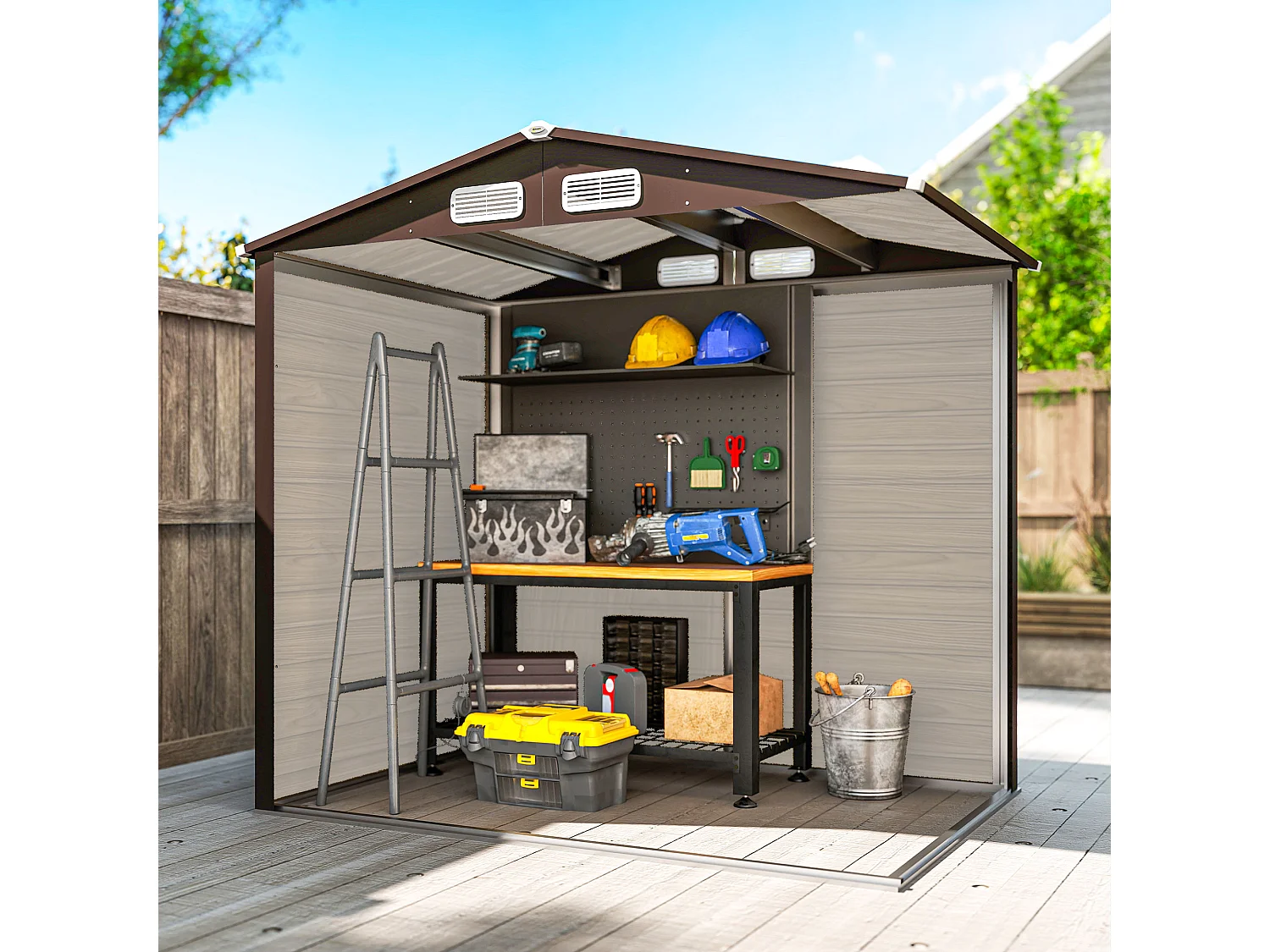 Casetta da giardino con prese d'aria in acciaio colore quercia