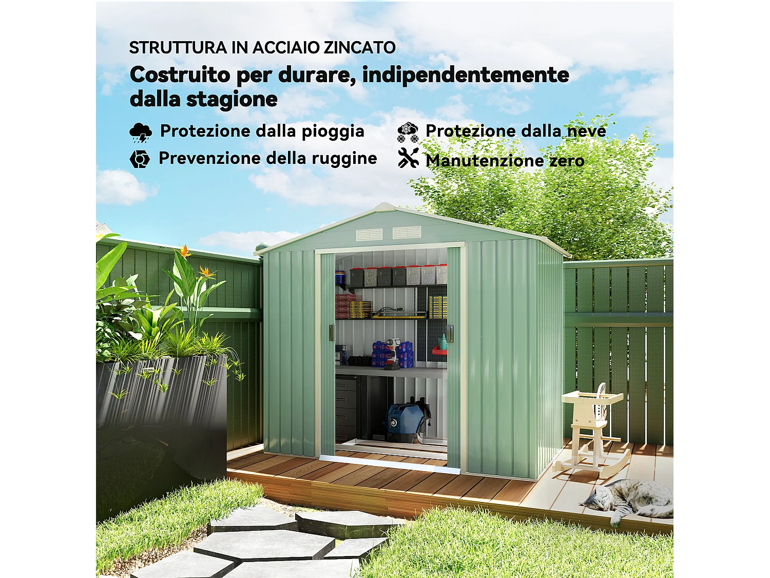 Casetta da giardino 2.5m² in acciaio zincato con basamento e prese d'aria