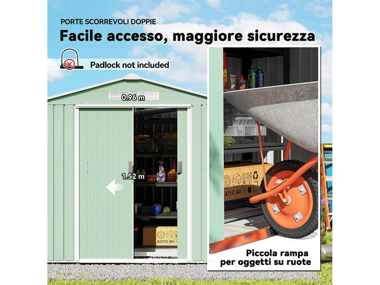 Casetta da giardino 2.5m² in acciaio zincato con basamento e prese d'aria