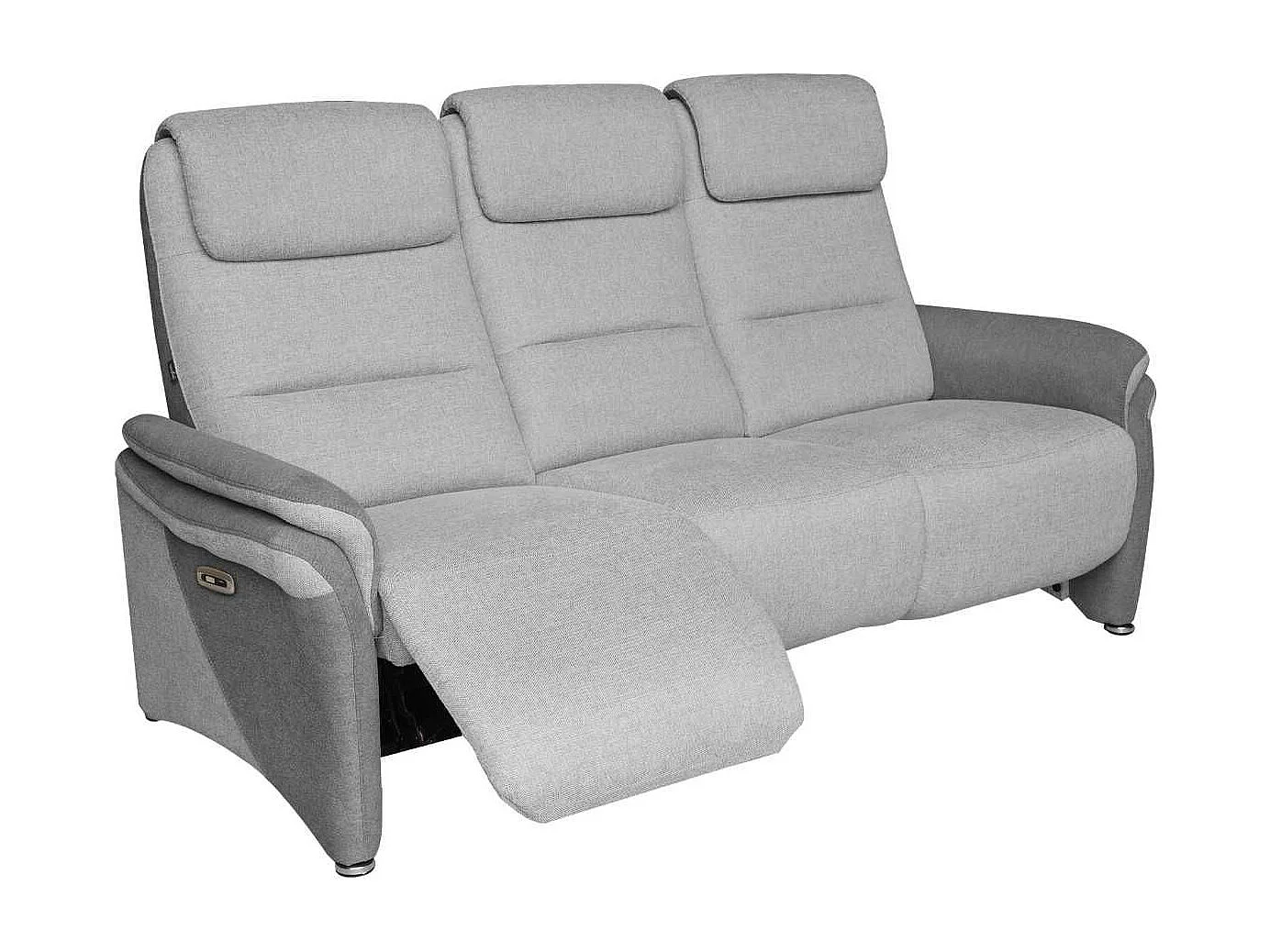 Canapé 3 places relax électrique tissu polyester gris clair et gris foncé avec tablette centrale imitation noyer - NADIR