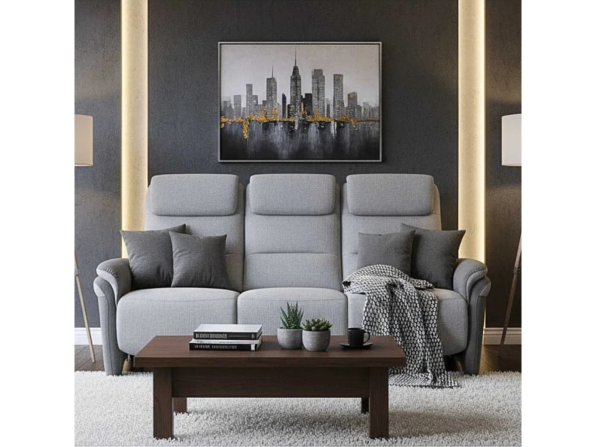 Canapé 3 places relax électrique tissu polyester gris clair et gris foncé avec tablette centrale imitation noyer - NADIR