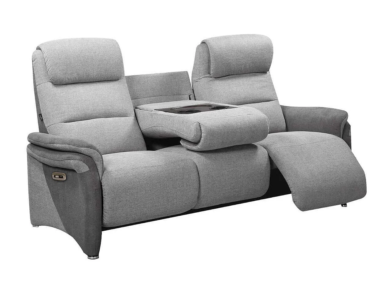 Canapé 3 places relax électrique tissu polyester gris clair et gris foncé avec tablette centrale imitation noyer - NADIR