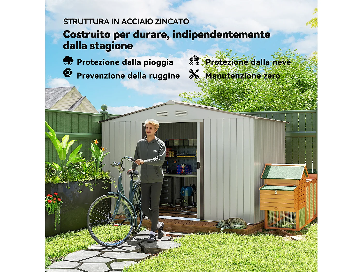 Capanno attrezzi in acciaio con porte scorrevoli