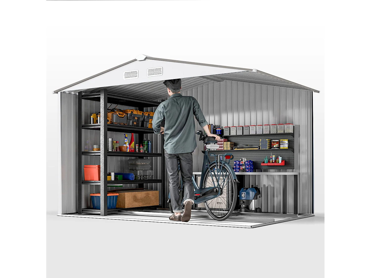 Capanno attrezzi in acciaio con porte scorrevoli