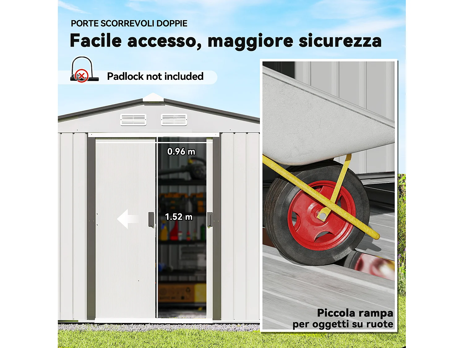 Capanno attrezzi in acciaio con porte scorrevoli