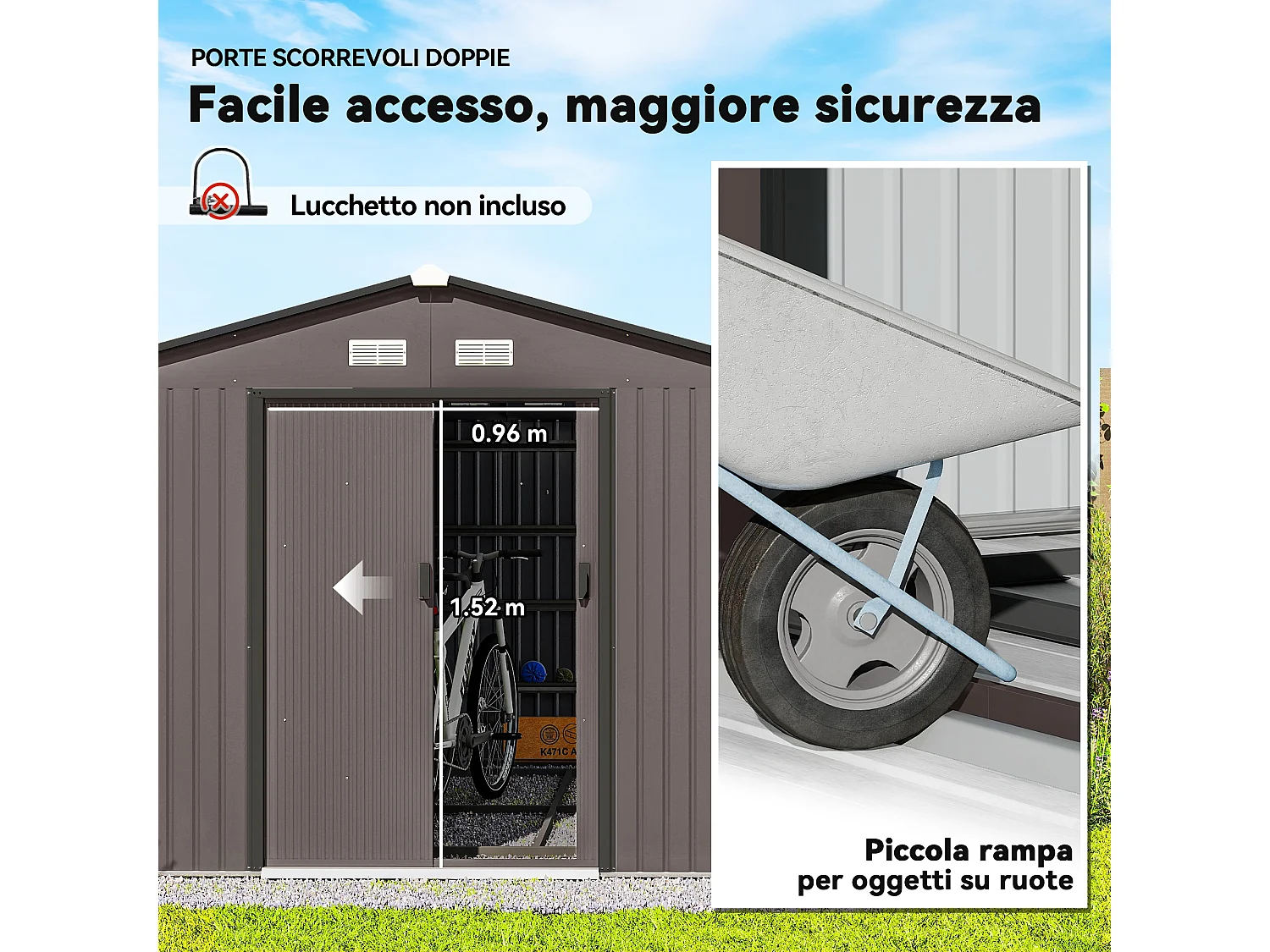 Casetta da giardino 8.3m² in acciaio zincato con prese d'aria