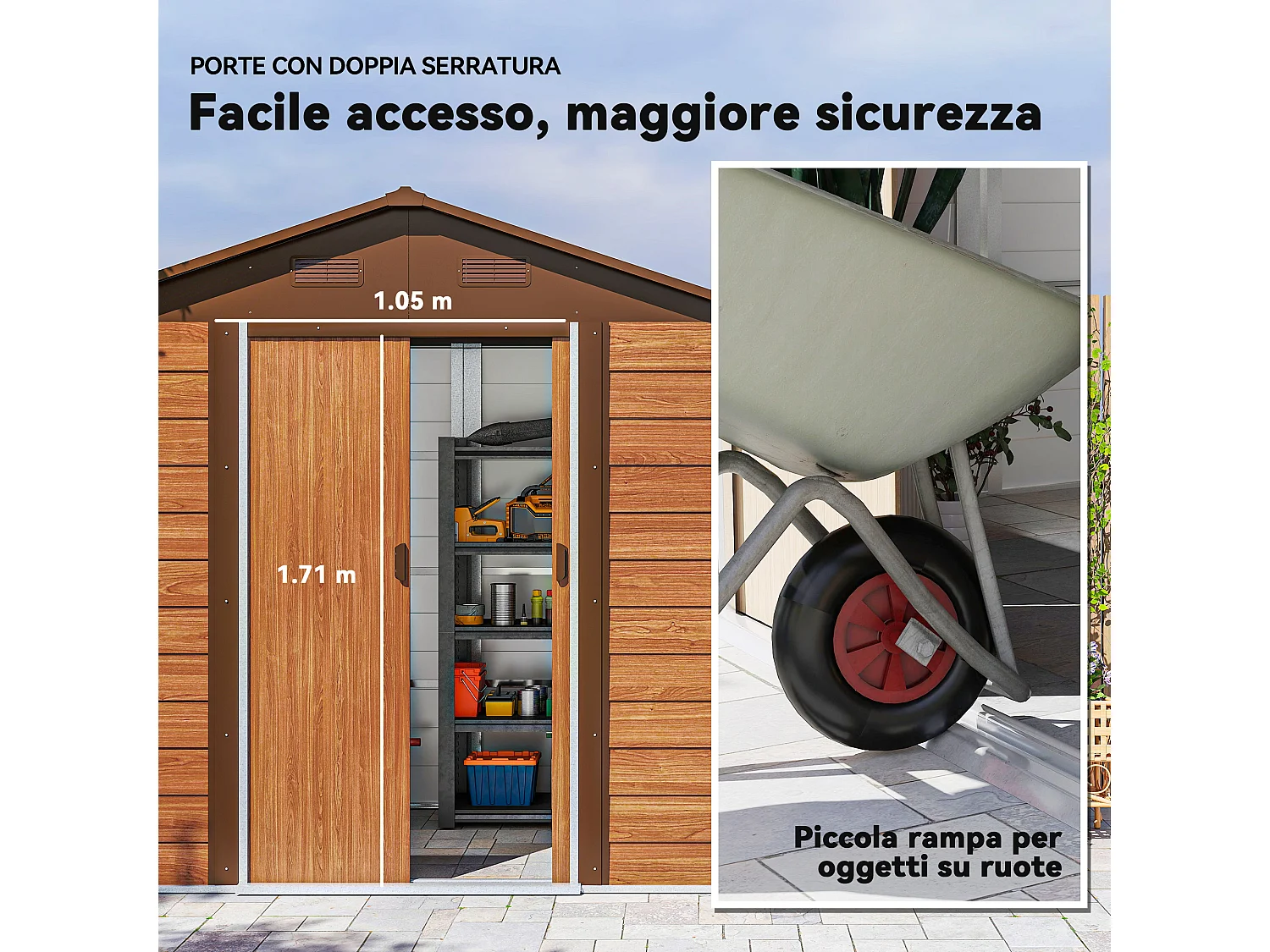 Casetta da giardino 4.07m² in acciaio zincato con fori di drenaggio prese d'aria