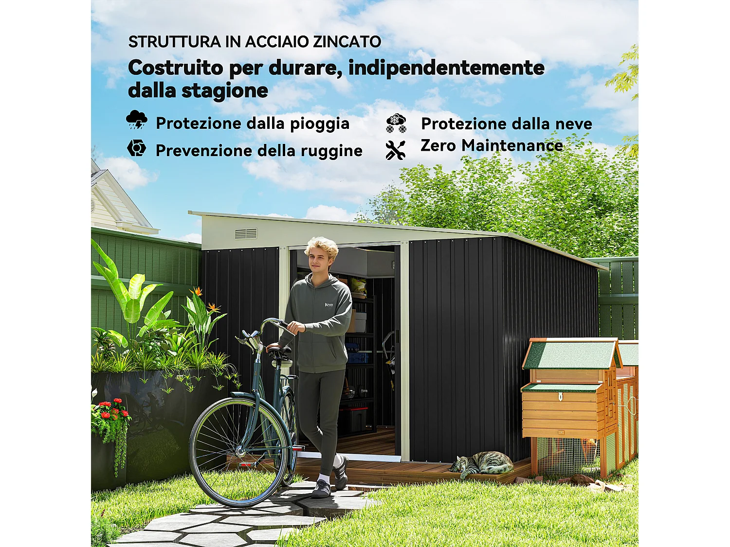 Casetta da giardino 8.9m² in acciaio zincato con 2 prese d'aria