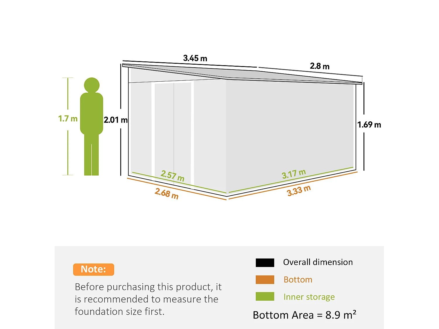Casetta da giardino 8.9m² in acciaio zincato con 2 prese d'aria