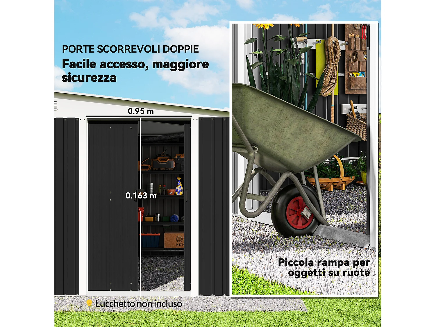 Casetta da giardino 8.9m² in acciaio zincato con 2 prese d'aria