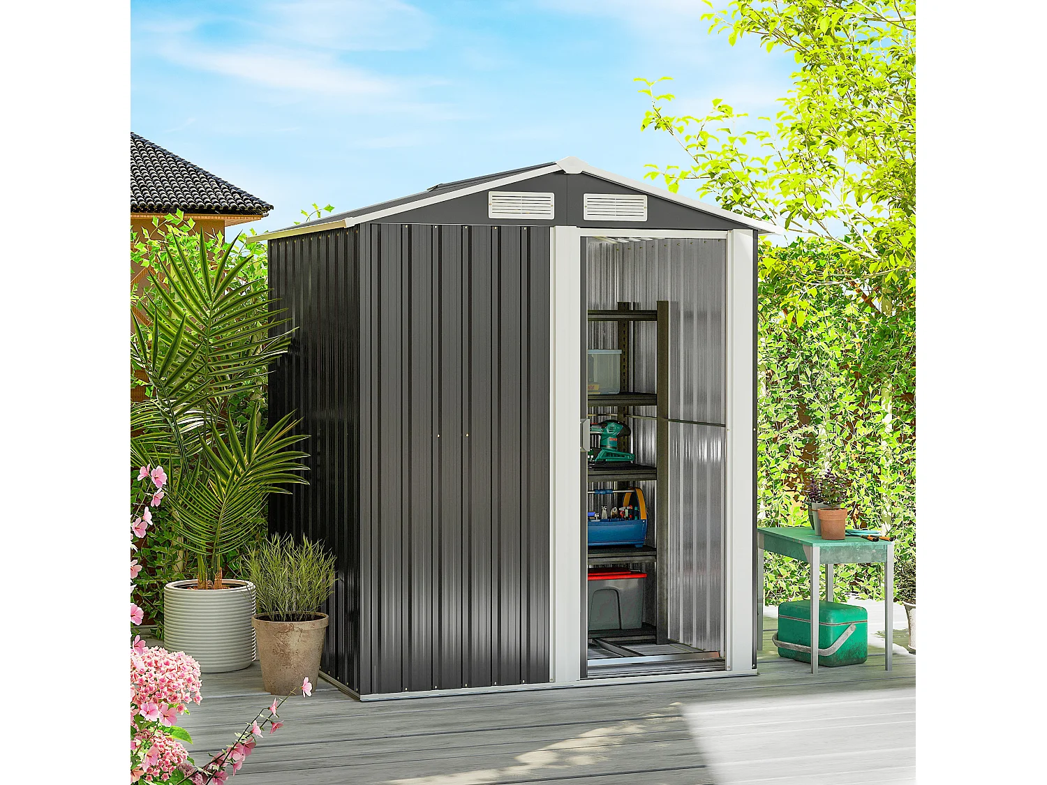 Casetta da giardino in acciaio tetto inclinato 4 prese d'aria