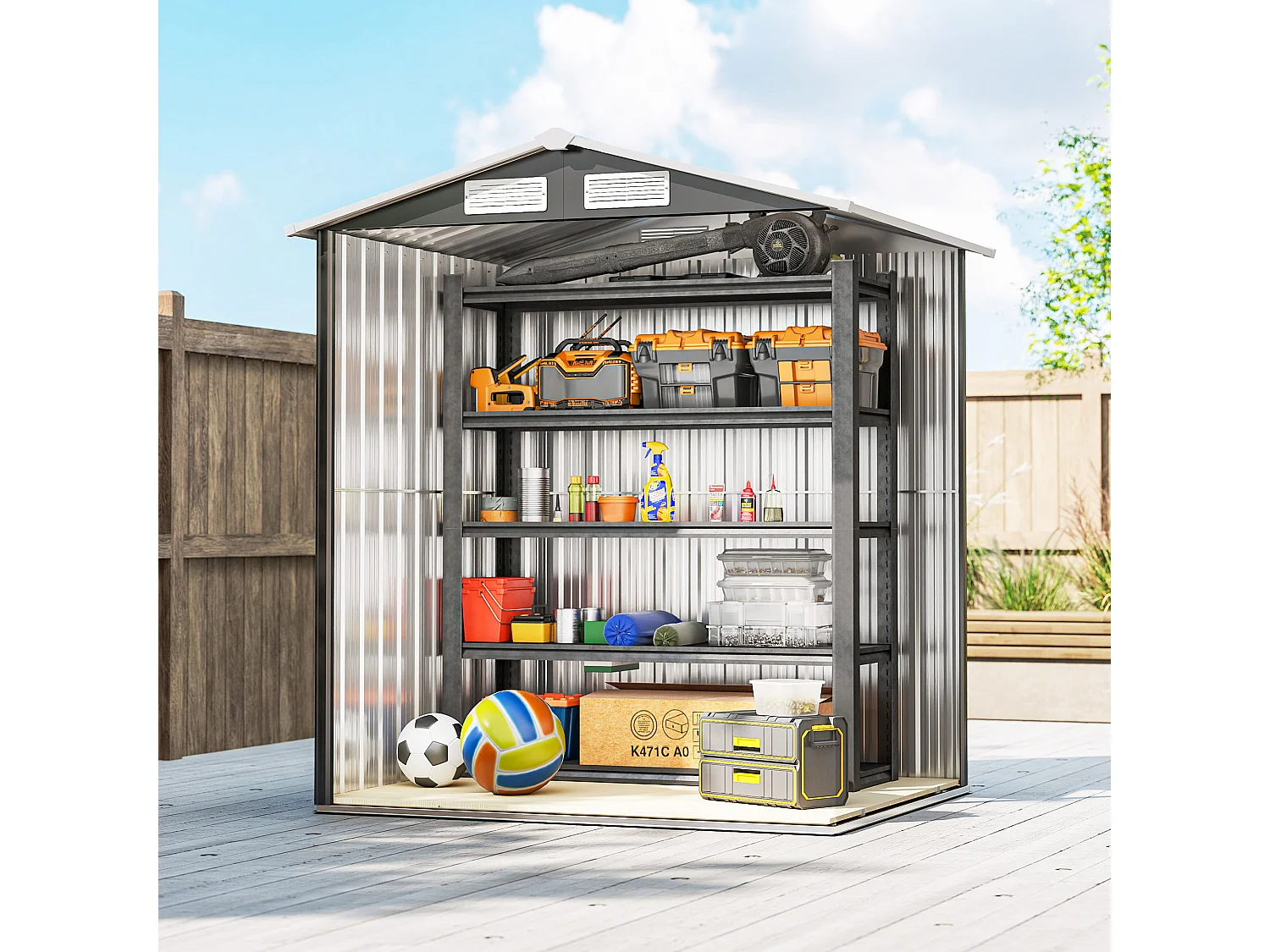 Casetta da giardino in acciaio tetto inclinato 4 prese d'aria