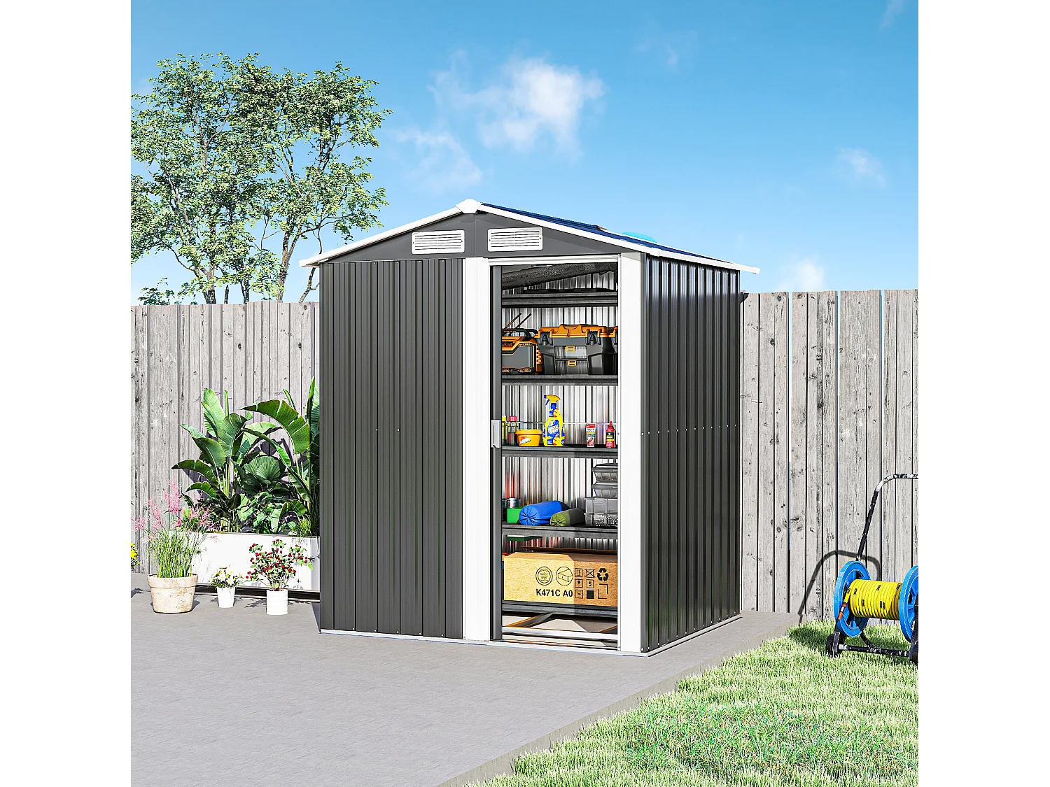 Casetta da giardino in acciaio tetto inclinato 4 prese d'aria