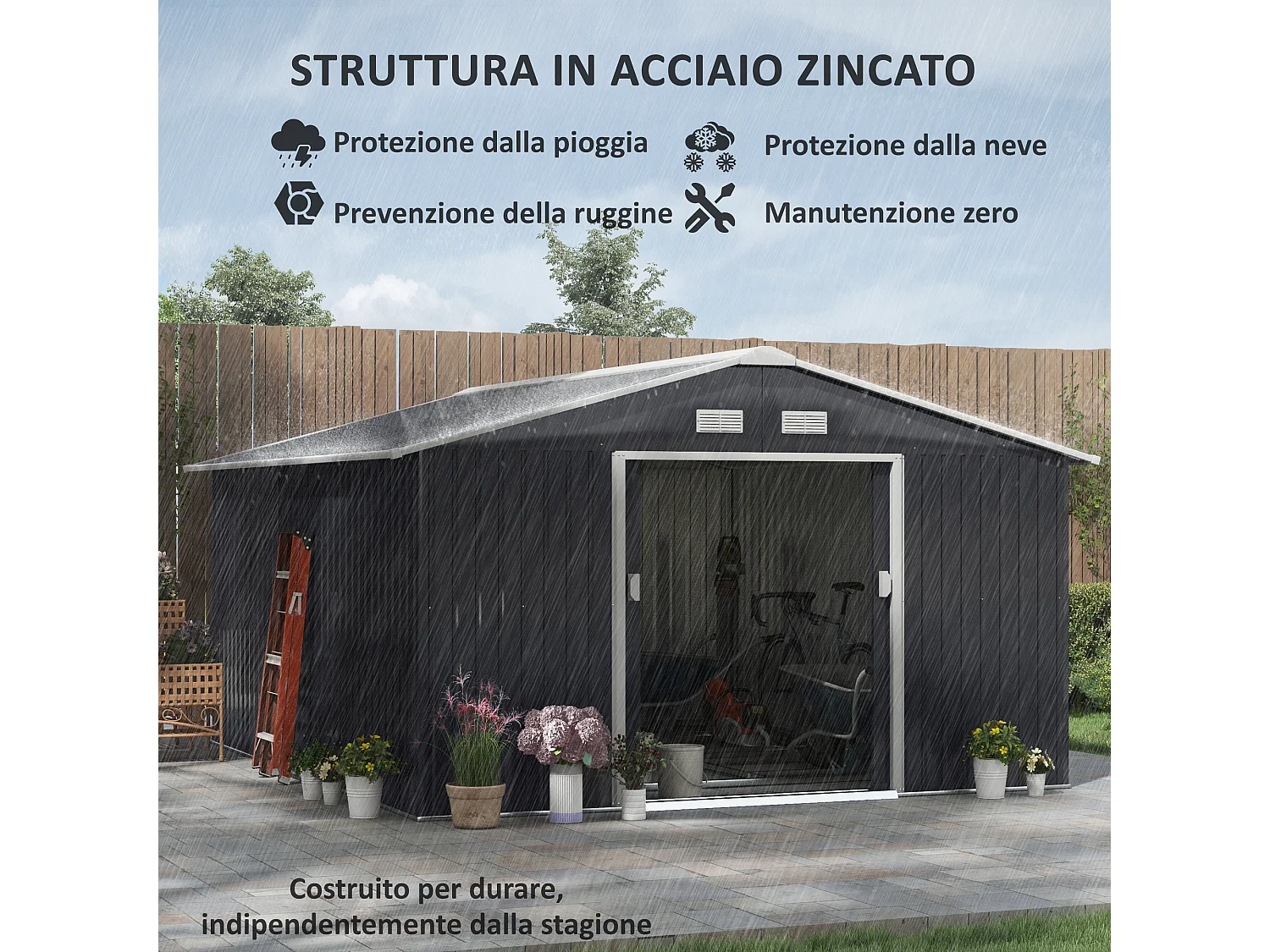Capanno attrezzi in acciaio con porte scorrevoli 340x386x200 cm