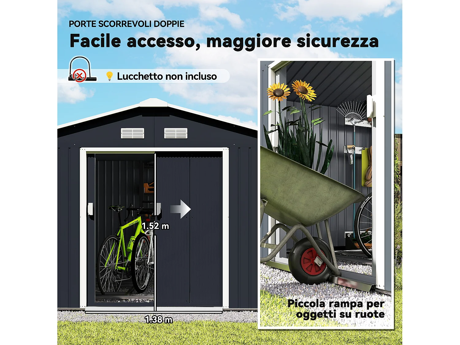 Capanno attrezzi in acciaio con porte scorrevoli 340x386x200 cm