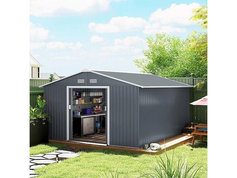 Capanno attrezzi in acciaio con porte scorrevoli 340x386x200 cm