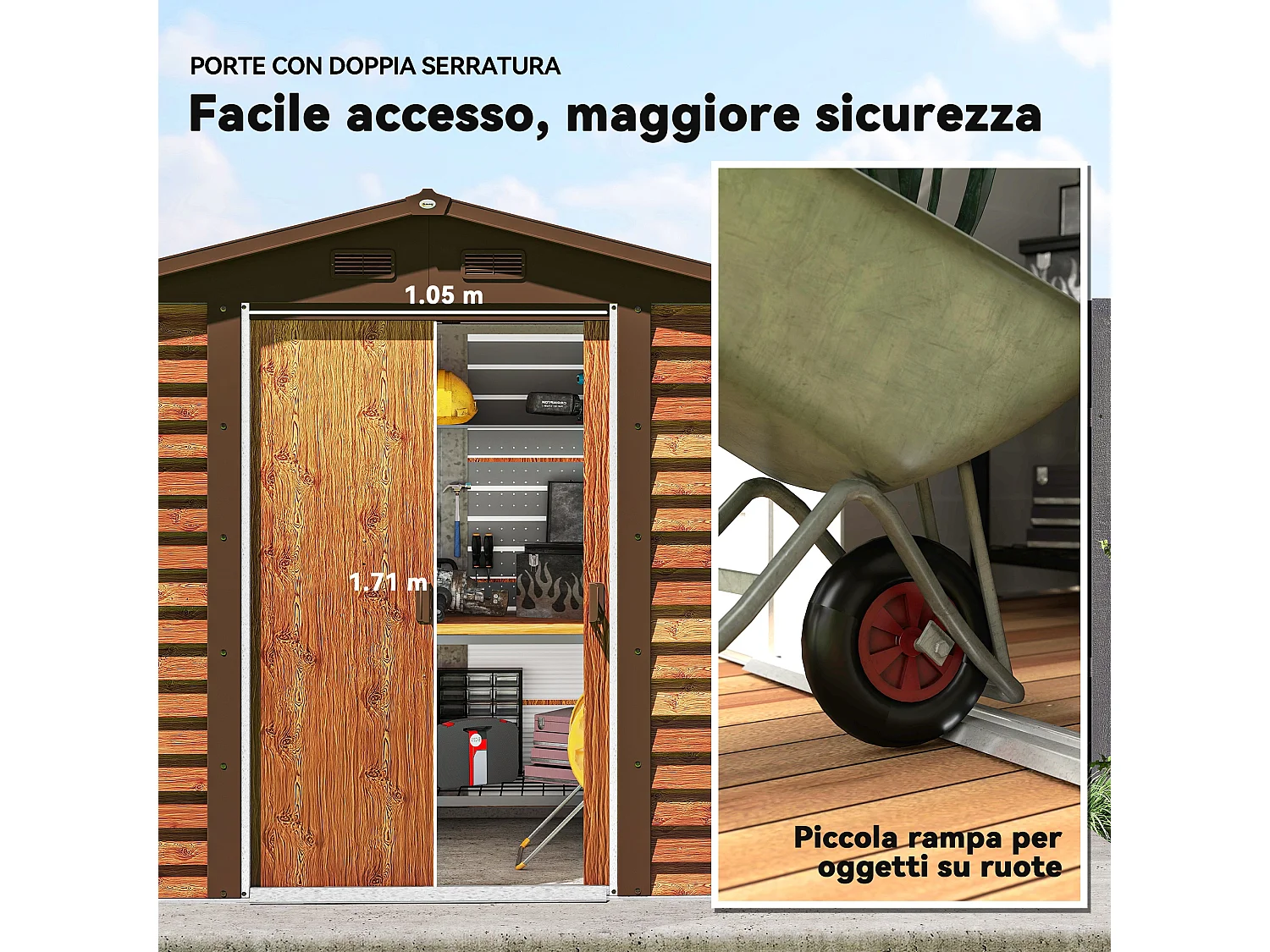 Casetta da giardino 3m² in acciaio zincato con fori di drenaggio prese d'aria