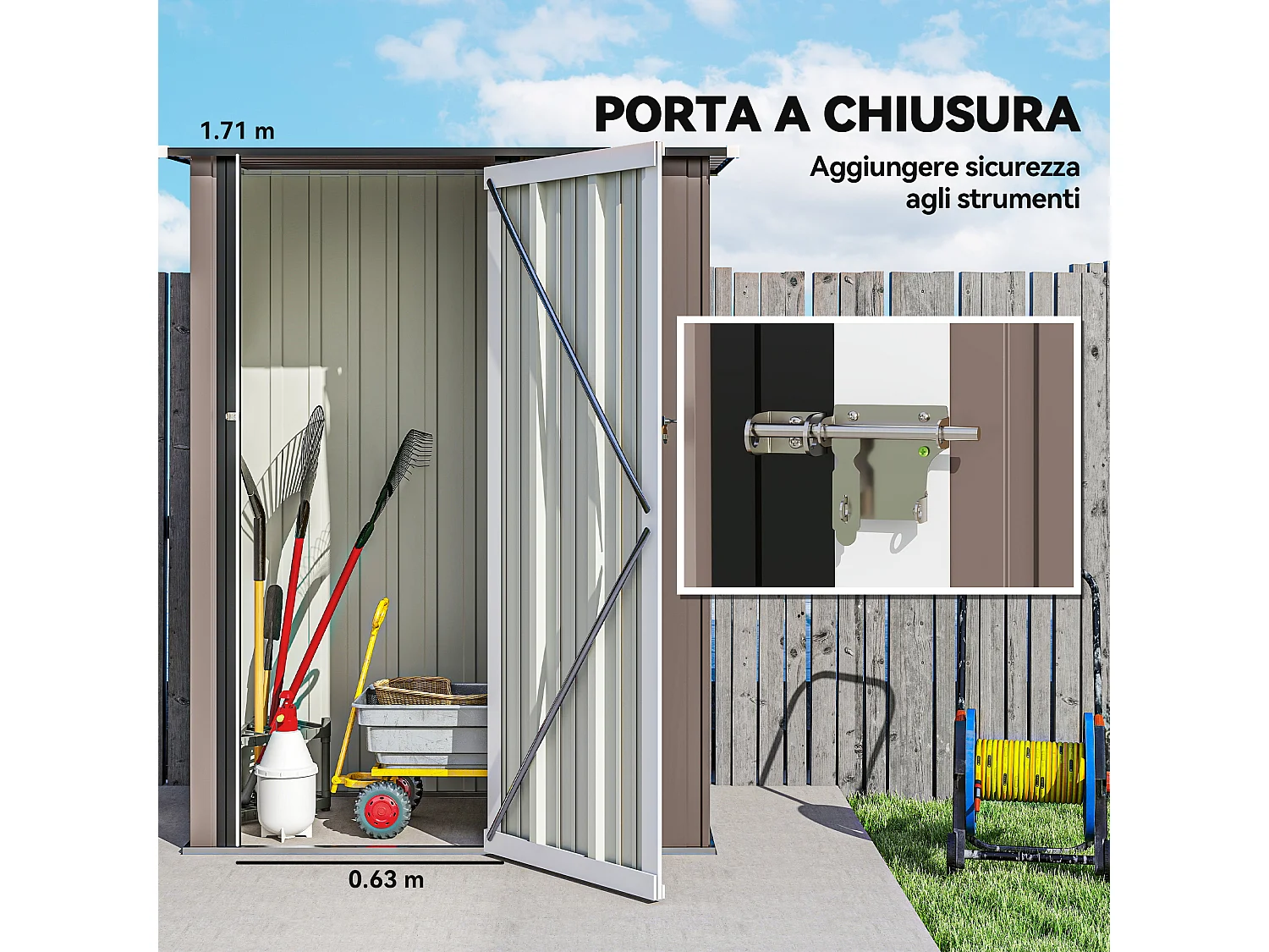 Casetta da giardino in lamiera d'acciaio con tetto inclinato marrone