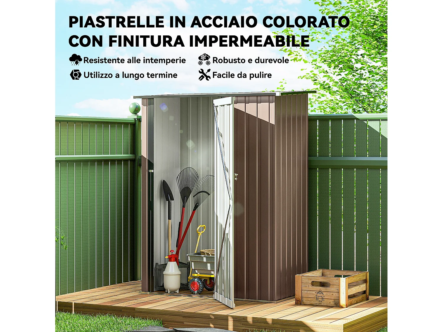 Casetta da giardino in lamiera d'acciaio con tetto inclinato marrone