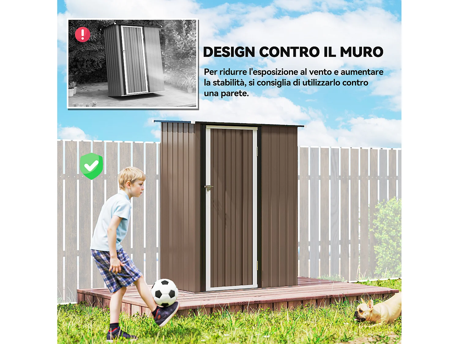 Casetta da giardino in lamiera d'acciaio con tetto inclinato marrone