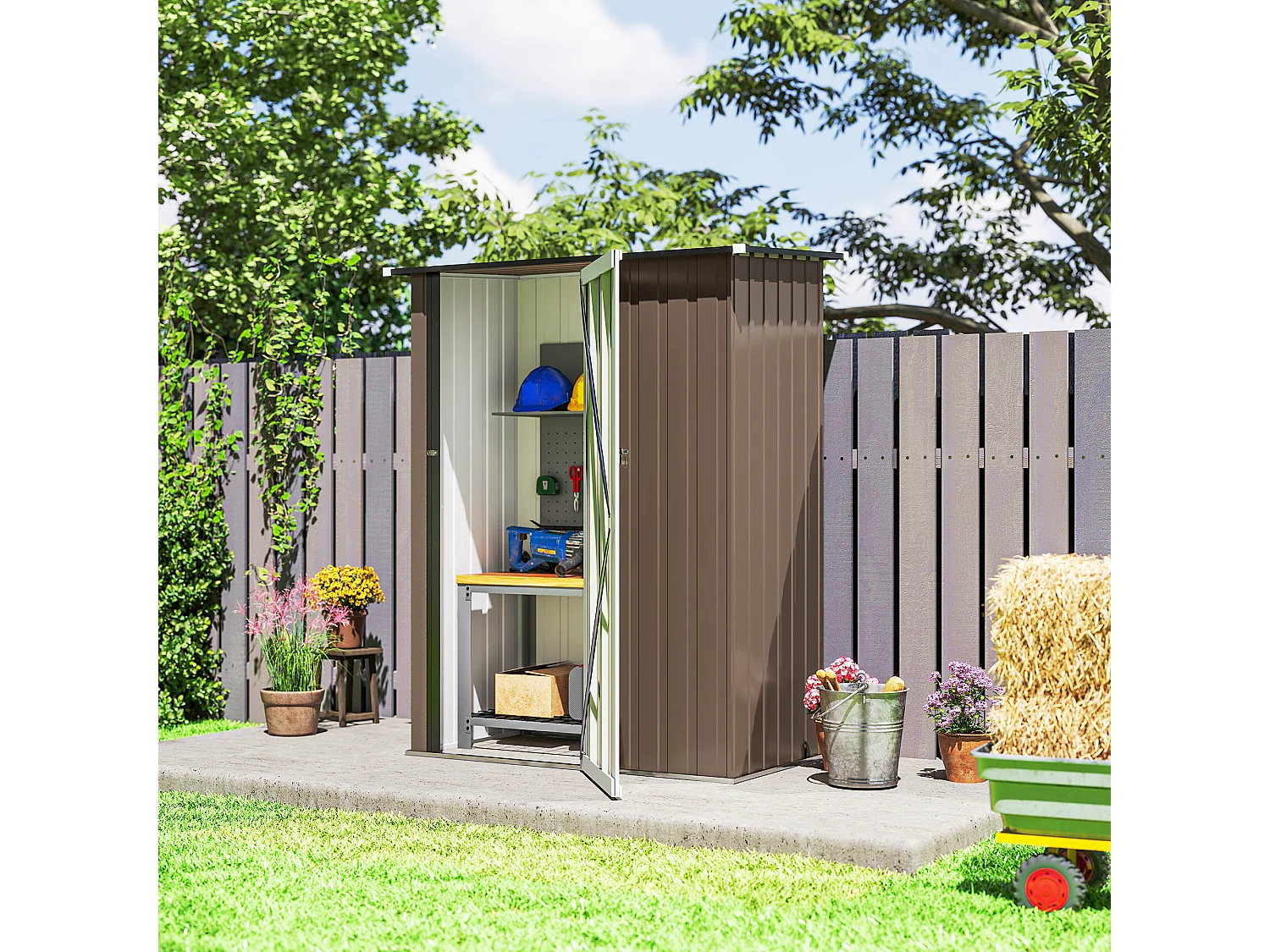 Casetta da giardino in lamiera d'acciaio con tetto inclinato marrone