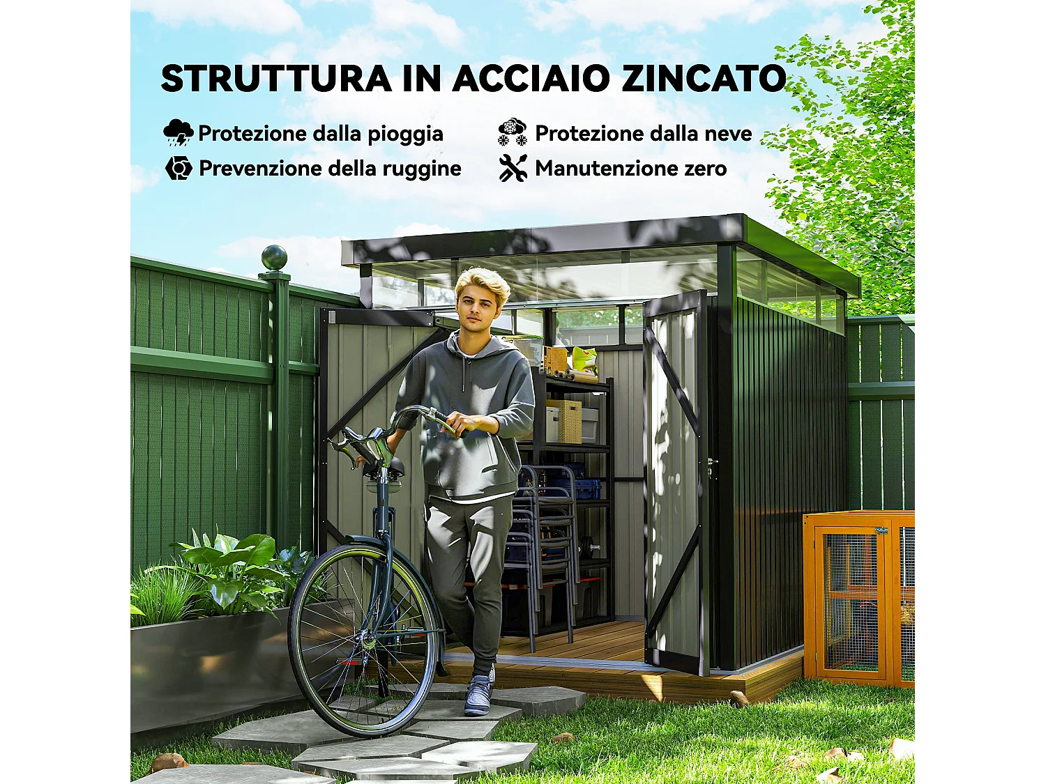 Casetta da giardino 4.9m² in acciaio zincato con fori di drenaggio