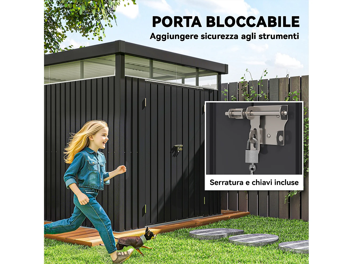 Casetta da giardino 4.9m² in acciaio zincato con fori di drenaggio