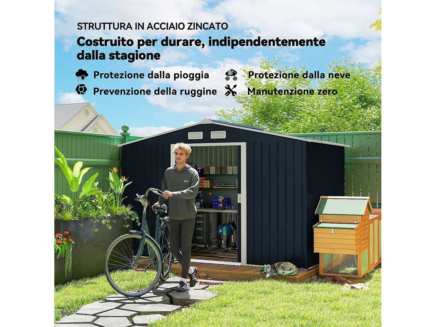 Casetta da giardino 277x195x192cm 2 porte 4 prese d'aria