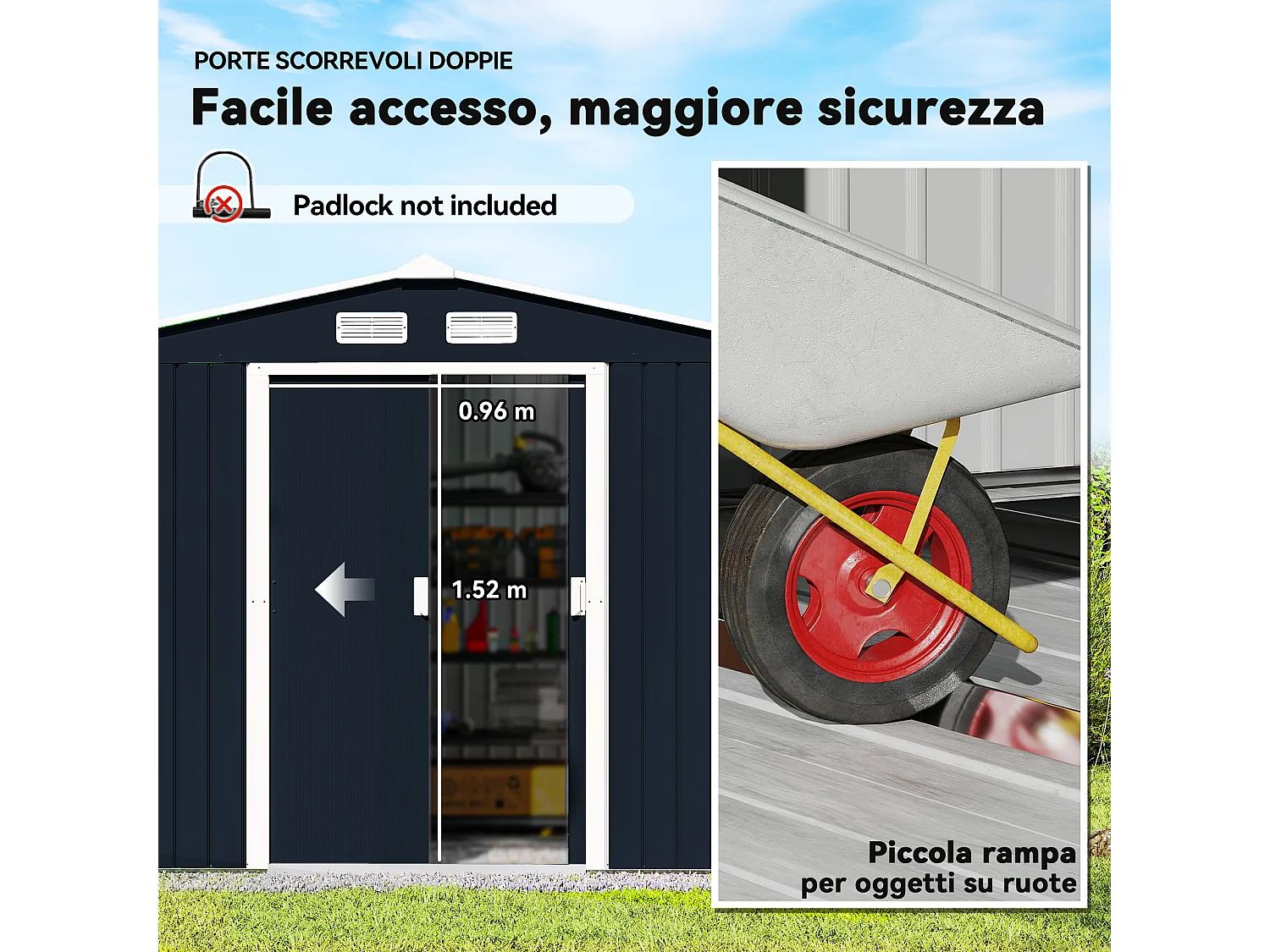 Casetta da giardino 277x195x192cm 2 porte 4 prese d'aria