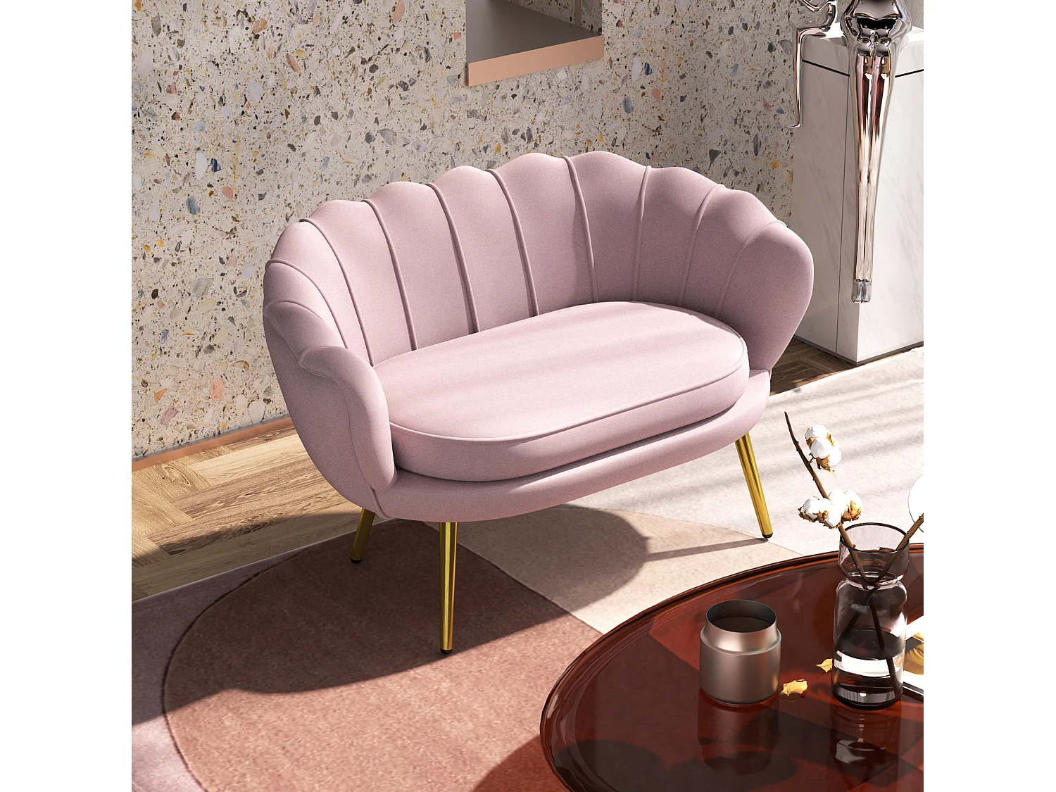 Divano vintage 2 posti stile industrial chic effetto velluto rosa